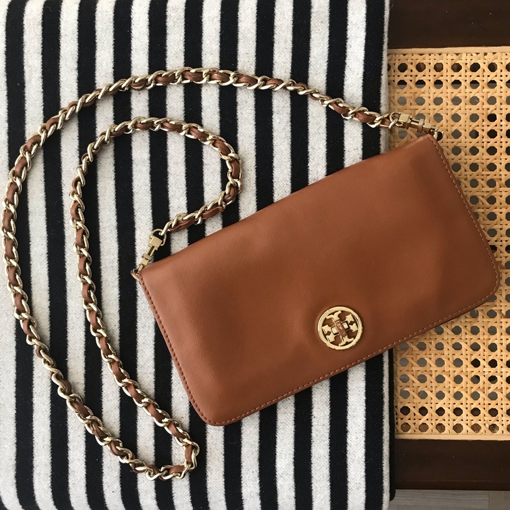 Tory Burch Tan Leather Gold Chain Crossbody Clutch